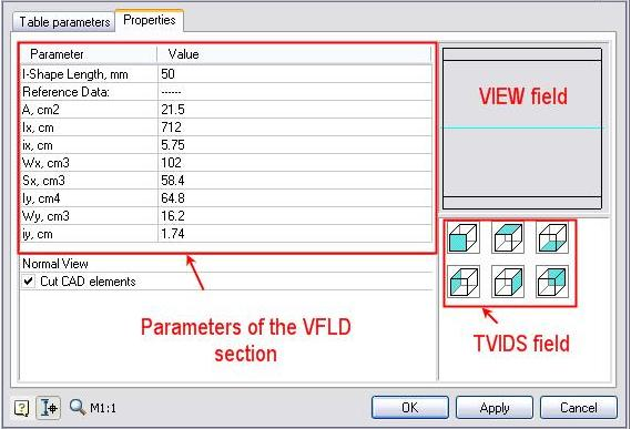 CAD software Dialogs of the database objects 1
