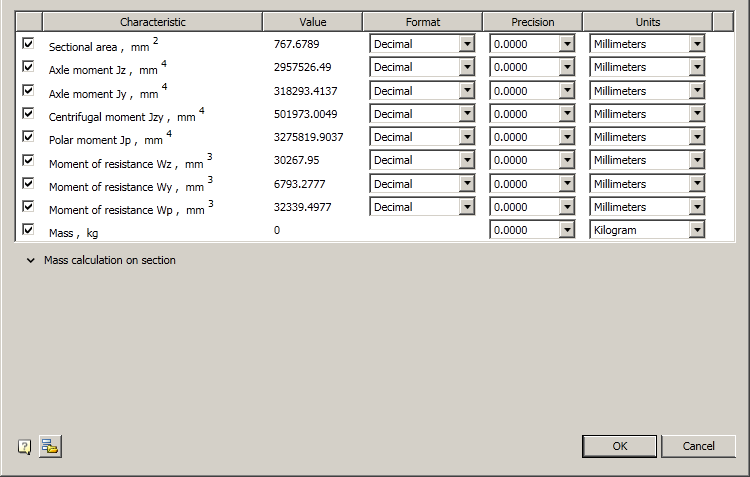 CAD drafting Calculate section characteristics 9