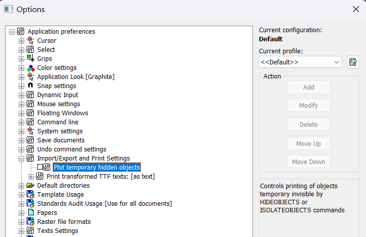 Na caixa de diálogo OPTIONS, na seção Configurações de Importação/Exportação e Impressão, uma nova opção foi adicionada: Plotar objetos ocultos temporários.